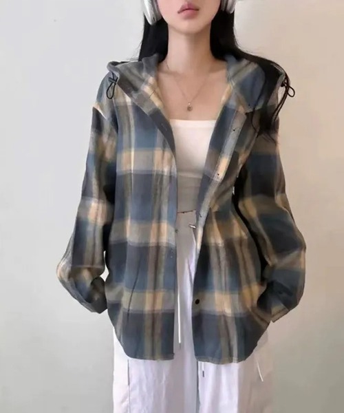 SpRay（スプレイ）の「【チェック×フードでカジュアル上品】ビエラチェックフードシャツ（シャツ/ブラウス・レディース・オレンジ/ブルー・FREE）」の8枚目の写真