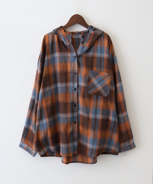 SpRay（スプレイ）の「【チェック×フードでカジュアル上品】ビエラチェックフードシャツ（シャツ/ブラウス・レディース・オレンジ/ブルー・FREE）」の10枚目の写真