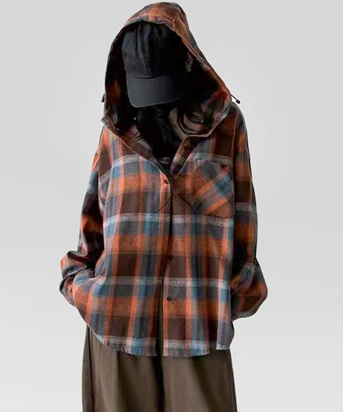 SpRay（スプレイ）の「【チェック×フードでカジュアル上品】ビエラチェックフードシャツ（シャツ/ブラウス・レディース・オレンジ/ブルー・FREE）」の19枚目の写真