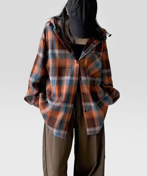 SpRay（スプレイ）の「【チェック×フードでカジュアル上品】ビエラチェックフードシャツ（シャツ/ブラウス・レディース・オレンジ/ブルー・FREE）」の20枚目の写真