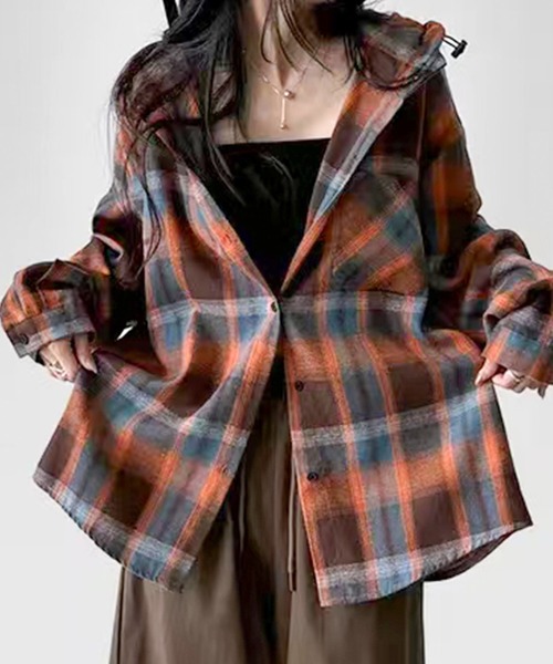 SpRay（スプレイ）の「【チェック×フードでカジュアル上品】ビエラチェックフードシャツ（シャツ/ブラウス・レディース・オレンジ/ブルー・FREE）」の21枚目の写真