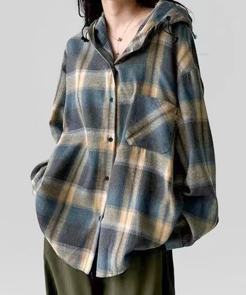 SpRay（スプレイ）の「【チェック×フードでカジュアル上品】ビエラチェックフードシャツ（シャツ/ブラウス・レディース・オレンジ/ブルー・FREE）」の22枚目の写真