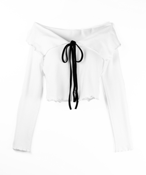 me+em select(ミームセレクト)の「【 2color 】バイカラーリボンオフショルショートトップス / bicolor ribbon off shoulder short tops ※※(Tシャツ/カットソー・レディース・ブラック/ホワイト・FREE)」の13枚目の写真