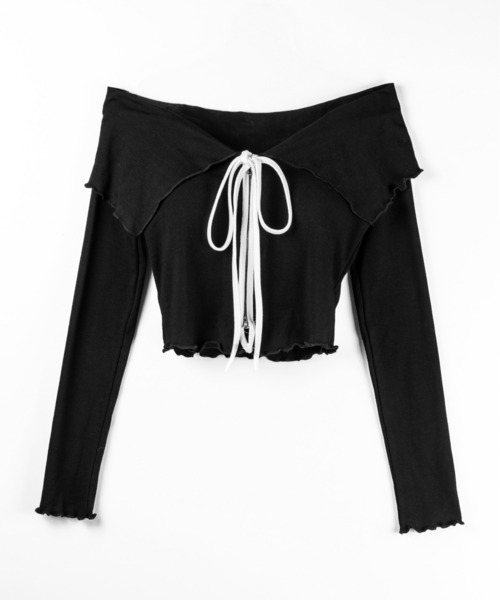 me+em select(ミームセレクト)の「【 2color 】バイカラーリボンオフショルショートトップス / bicolor ribbon off shoulder short tops ※※(Tシャツ/カットソー・レディース・ブラック/ホワイト・FREE)」の12枚目の写真