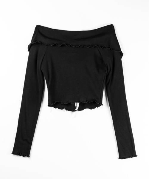 me+em select(ミームセレクト)の「【 2color 】バイカラーリボンオフショルショートトップス / bicolor ribbon off shoulder short tops ※※(Tシャツ/カットソー・レディース・ブラック/ホワイト・FREE)」の4枚目の写真
