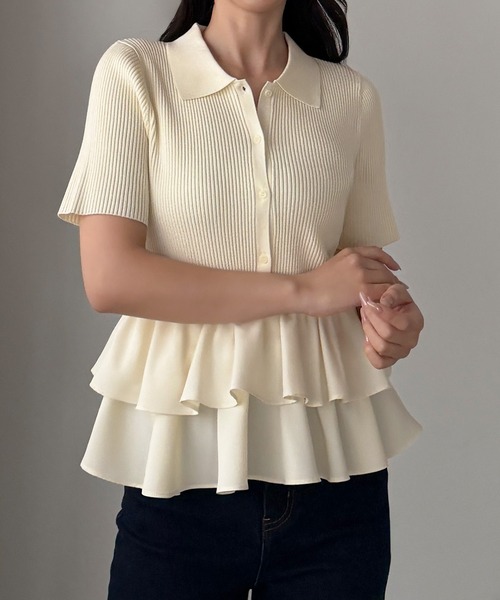 Louere(ルエレ)の「フリルドッキングニットトップス(ニット/セーター・レディース・チャコール/アイボリー/ブラック・LARGE/MEDIUM)」の6枚目の写真