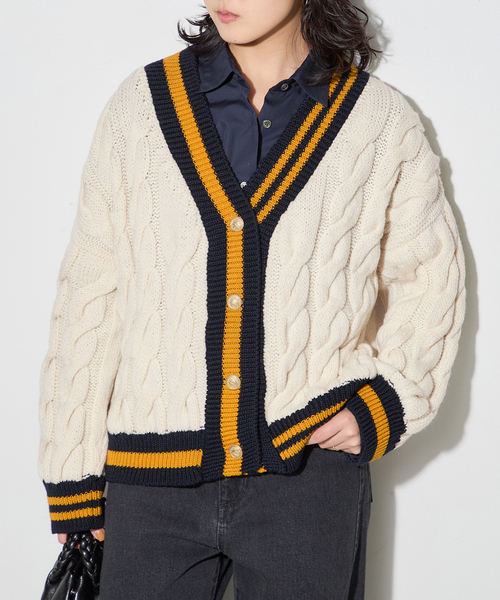 ISLAND TIDES（アイランドタイド）の「別注【ISLAND TIDES/アイランドタイド】 チルデン カーディガン（カーディガン/ボレロ・レディース・オートミール/ネイビー・MEDIUM）」の2枚目の写真