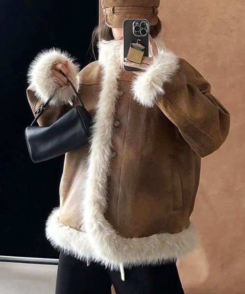 トルネードマート　ヴィンテージ加工クラック柄フェイクレザーファーブルゾン トルネードマート ヴィンテージ加工クラック柄フェイクレザーファー