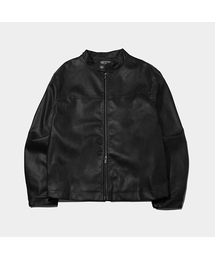 PLACESTUDIOMAN（プレイススタジオメンズ）の「オーバーサイズミニマルレーシングバイカーブルゾンレザージャケット[ブラック]（ライダースジャケット）」