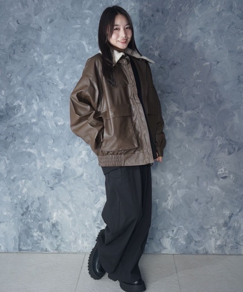 NOIZY(ノイジー)の「2way PU leather A-2 zip-up/2way ヴィンテージライク PU レザー 襟ボア A-2 ジップアップ ブルゾン フライトジャケット(ブルゾン・メンズ・ブラウン/ブラック・MEDIUM/LARGE)」の17枚目の写真
