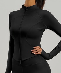 【伸縮性あり/サムホール付き/美シルエット】長袖 ダブルジップ モックネック センターポイントヘム ヨガ トップス レディース