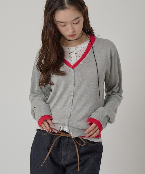 MUHET（ミュエータ）の「layered-look v-neck cardigan/ レイヤード風Vネックカーディガン（カーディガン/ボレロ・レディース・ネイビー/パープル/ブラウン/グレー・FREE）」の20枚目の写真