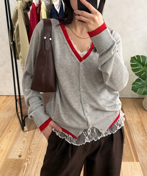 MUHET（ミュエータ）の「layered-look v-neck cardigan/ レイヤード風Vネックカーディガン（カーディガン/ボレロ・レディース・ネイビー/パープル/ブラウン/グレー・FREE）」の17枚目の写真