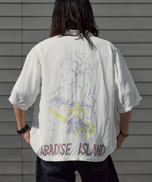 REMI RELIEF(レミレリーフ)の「REMI RELIEF/レミレリーフ プリントデザイン レーヨンアロハシャツ(PARADISE ISLAND) 2026年 夏 夏服(シャツ/ブラウス・メンズ・オフホワイト・M/L/XL)」の7枚目の写真