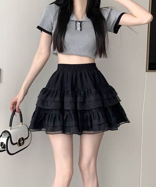 CANVAS+(キャンバスプラス)の「【CANVAS+】レース切り替えティアードミニスカート(スカート・レディース・ホワイト/ブラック・M)」の3枚目の写真