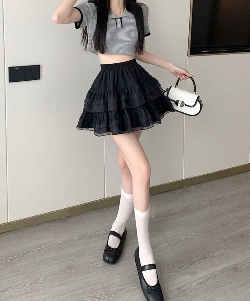 CANVAS+(キャンバスプラス)の「【CANVAS+】レース切り替えティアードミニスカート(スカート・レディース・ホワイト/ブラック・M)」の4枚目の写真