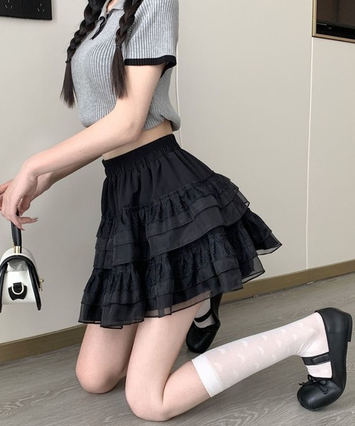 CANVAS+(キャンバスプラス)の「【CANVAS+】レース切り替えティアードミニスカート(スカート・レディース・ホワイト/ブラック・M)」の7枚目の写真
