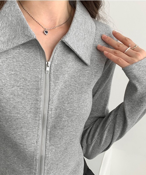 Dolce Fiora(ドルチェフィオラ)の「ダブルファスナークロップド丈リブ編みトップス(Tシャツ/カットソー・レディース・グレー/ホワイト・M)」の2枚目の写真