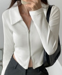 Dolce Fiora（ドルチェフィオラ）の「ダブルファスナークロップド丈リブ編みトップス（Tシャツ/カットソー）」