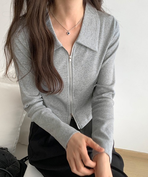 Dolce Fiora(ドルチェフィオラ)の「ダブルファスナークロップド丈リブ編みトップス(Tシャツ/カットソー・レディース・グレー/ホワイト・M)」の4枚目の写真