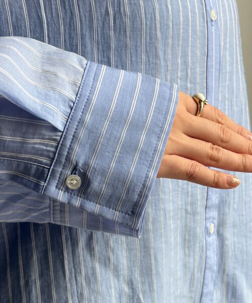 DouDou（ドゥドゥ）の「マルチWAYストライプシャツ（シャツ/ブラウス・レディース・ブルー/カーキ・FREE）」の3枚目の写真