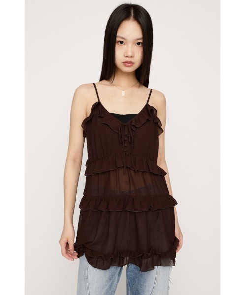 SLY（スライ）の「SHEER FRILL CAMI TUNIC シアーフリルキャミソールチュニック 春服（キャミソール・レディース・アイボリー/ブラウン・FREE）」の2枚目の写真