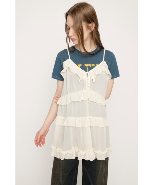 SLY（スライ）の「SHEER FRILL CAMI TUNIC シアーフリルキャミソールチュニック 春服（キャミソール・レディース・アイボリー/ブラウン・FREE）」の4枚目の写真