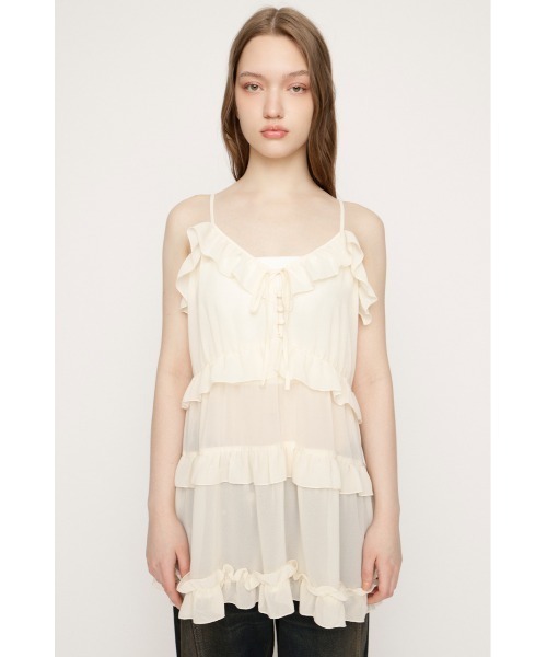 SLY（スライ）の「SHEER FRILL CAMI TUNIC シアーフリルキャミソールチュニック 春服（キャミソール・レディース・アイボリー/ブラウン・FREE）」の5枚目の写真