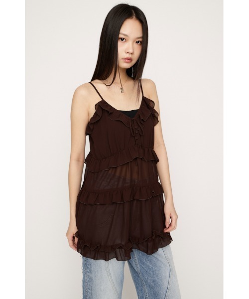 SLY（スライ）の「SHEER FRILL CAMI TUNIC シアーフリルキャミソールチュニック 春服（キャミソール・レディース・アイボリー/ブラウン・FREE）」の11枚目の写真