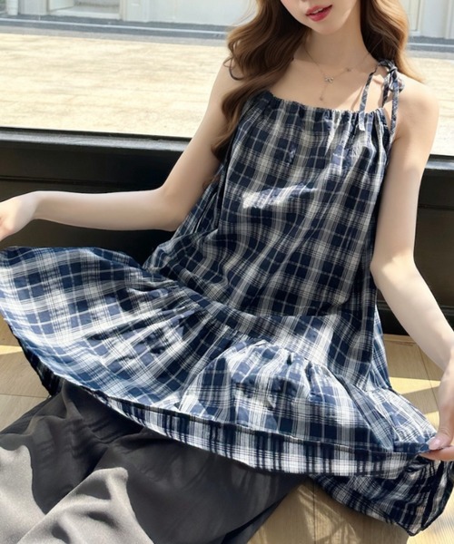 Ada.(エイダ)の「チェックデザイン 肩リボン ミニ丈 キャミワンピ(ワンピース・レディース・ライトブルー/ネイビー・FREE)」の3枚目の写真