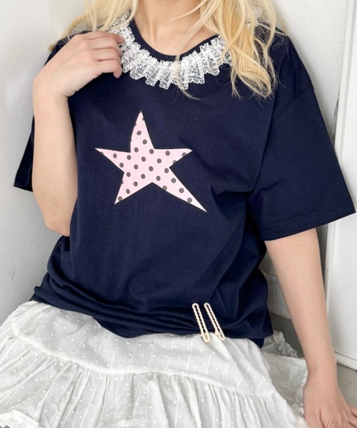 SOLLON.(ソルロン)の「スタープリントレース半袖Tシャツ(Tシャツ/カットソー・レディース・ホワイト/ホワイト系その他/ダークネイビー/ピンク/ネイビー/グレー・FREE)」の4枚目の写真