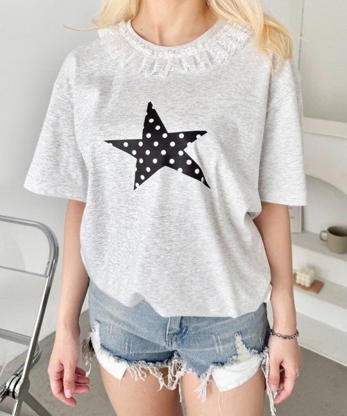 SOLLON.(ソルロン)の「スタープリントレース半袖Tシャツ(Tシャツ/カットソー・レディース・ホワイト/ホワイト系その他/ダークネイビー/ピンク/ネイビー/グレー・FREE)」の3枚目の写真