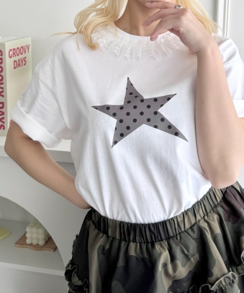 SOLLON.(ソルロン)の「スタープリントレース半袖Tシャツ(Tシャツ/カットソー・レディース・ホワイト/ホワイト系その他/ダークネイビー/ピンク/ネイビー/グレー・FREE)」の14枚目の写真