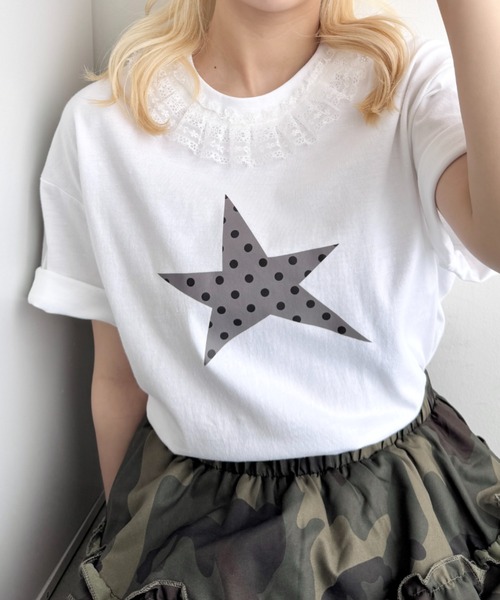 SOLLON.(ソルロン)の「スタープリントレース半袖Tシャツ(Tシャツ/カットソー・レディース・ホワイト/ホワイト系その他/ダークネイビー/ピンク/ネイビー/グレー・FREE)」の15枚目の写真