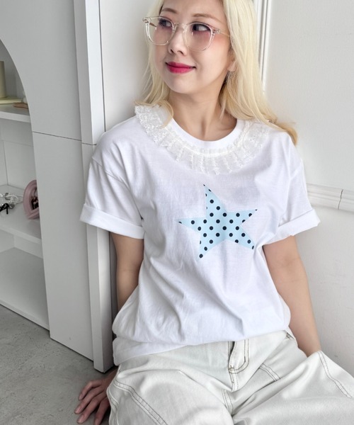 SOLLON.(ソルロン)の「スタープリントレース半袖Tシャツ(Tシャツ/カットソー・レディース・ホワイト/ホワイト系その他/ダークネイビー/ピンク/ネイビー/グレー・FREE)」の12枚目の写真