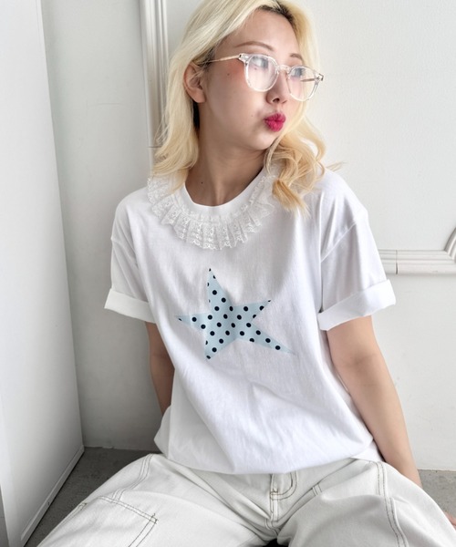 SOLLON.(ソルロン)の「スタープリントレース半袖Tシャツ(Tシャツ/カットソー・レディース・ホワイト/ホワイト系その他/ダークネイビー/ピンク/ネイビー/グレー・FREE)」の11枚目の写真