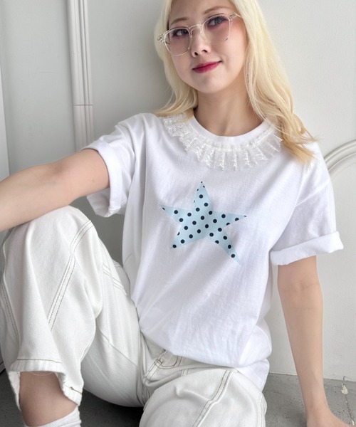 SOLLON.(ソルロン)の「スタープリントレース半袖Tシャツ(Tシャツ/カットソー・レディース・ホワイト/ホワイト系その他/ダークネイビー/ピンク/ネイビー/グレー・FREE)」の10枚目の写真