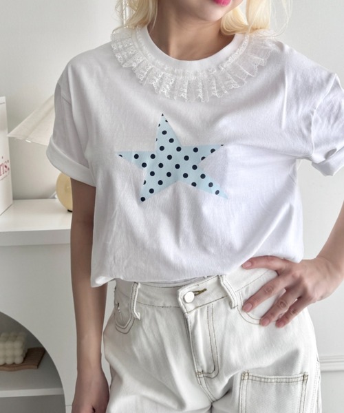 SOLLON.(ソルロン)の「スタープリントレース半袖Tシャツ(Tシャツ/カットソー・レディース・ホワイト/ホワイト系その他/ダークネイビー/ピンク/ネイビー/グレー・FREE)」の7枚目の写真