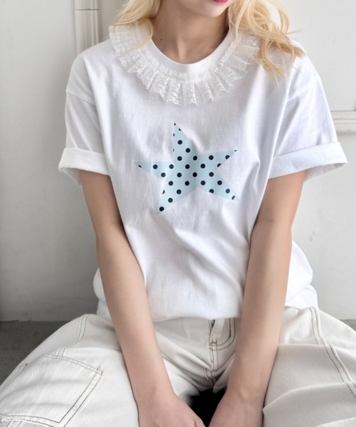 SOLLON.(ソルロン)の「スタープリントレース半袖Tシャツ(Tシャツ/カットソー・レディース・ホワイト/ホワイト系その他/ダークネイビー/ピンク/ネイビー/グレー・FREE)」の9枚目の写真