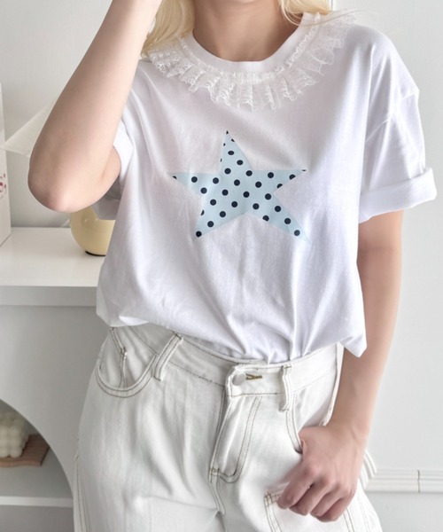 SOLLON.(ソルロン)の「スタープリントレース半袖Tシャツ(Tシャツ/カットソー・レディース・ホワイト/ホワイト系その他/ダークネイビー/ピンク/ネイビー/グレー・FREE)」の8枚目の写真