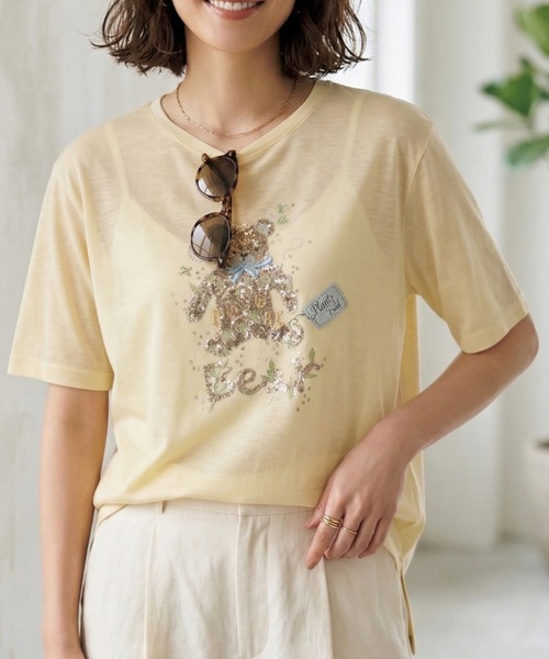 Belta attrice（ベルタアトリーチェ）の「オーストラリアコットン 強撚フライス ベア刺繍Tシャツ / 日本製 半袖トップス（Tシャツ/カットソー・レディース・ネイビー/ホワイト/ライトイエロー・FREE）」の3枚目の写真