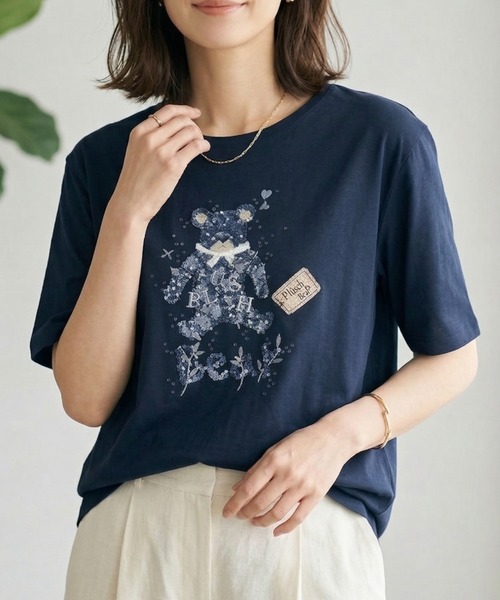 Belta attrice（ベルタアトリーチェ）の「オーストラリアコットン 強撚フライス ベア刺繍Tシャツ / 日本製 半袖トップス（Tシャツ/カットソー・レディース・ネイビー/ホワイト/ライトイエロー・FREE）」の9枚目の写真