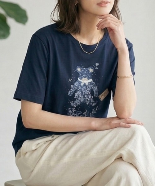 Belta attrice（ベルタアトリーチェ）の「オーストラリアコットン 強撚フライス ベア刺繍Tシャツ / 日本製 半袖トップス（Tシャツ/カットソー・レディース・ネイビー/ホワイト/ライトイエロー・FREE）」の10枚目の写真