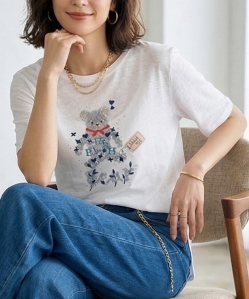 Belta attrice（ベルタアトリーチェ）の「オーストラリアコットン 強撚フライス ベア刺繍Tシャツ / 日本製 半袖トップス（Tシャツ/カットソー・レディース・ネイビー/ホワイト/ライトイエロー・FREE）」の5枚目の写真