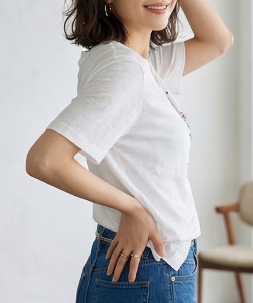 Belta attrice（ベルタアトリーチェ）の「オーストラリアコットン 強撚フライス ベア刺繍Tシャツ / 日本製 半袖トップス（Tシャツ/カットソー・レディース・ネイビー/ホワイト/ライトイエロー・FREE）」の6枚目の写真