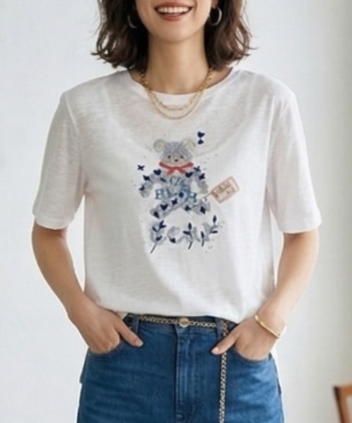 Belta attrice（ベルタアトリーチェ）の「オーストラリアコットン 強撚フライス ベア刺繍Tシャツ / 日本製 半袖トップス（Tシャツ/カットソー・レディース・ネイビー/ホワイト/ライトイエロー・FREE）」の7枚目の写真