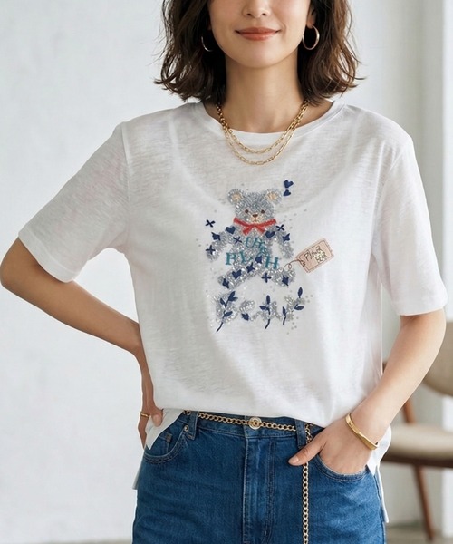 Belta attrice（ベルタアトリーチェ）の「オーストラリアコットン 強撚フライス ベア刺繍Tシャツ / 日本製 半袖トップス（Tシャツ/カットソー・レディース・ネイビー/ホワイト/ライトイエロー・FREE）」の4枚目の写真