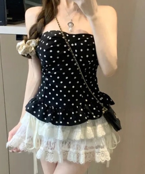 Teem Store(チームストア)の「【カップ付き】ビッグリボンフリルデザインホルターネックペプラムトップス ドット柄 チェック柄(シャツ/ブラウス・レディース・ブラック/ホワイト/ブラック系その他・F)」の22枚目の写真