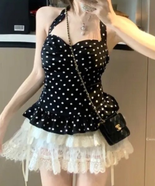 Teem Store(チームストア)の「【カップ付き】ビッグリボンフリルデザインホルターネックペプラムトップス ドット柄 チェック柄(シャツ/ブラウス・レディース・ブラック/ホワイト/ブラック系その他・F)」の21枚目の写真