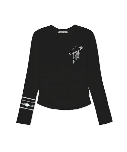 ESCAPEFROM（エスケープフロム）の「タイムクリッププリントスリムフィットシャーリングロングスリーブ [4カラー]（Tシャツ/カットソー・レディース・ブラック/アイボリー/ピンク/ブラウン・MEDIUM）」の2枚目の写真
